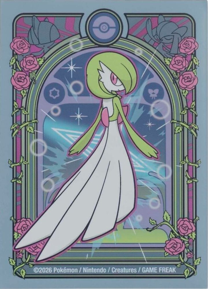 Pokémon Center Gardevoir Majesty card sleeve featuring Gardevoir, roses, Ralts, and Kirlia